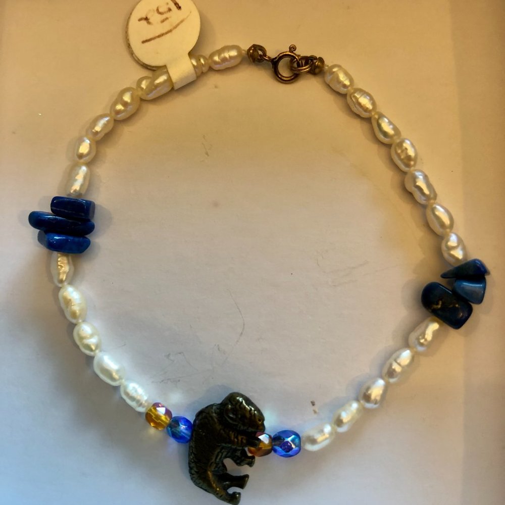 Custom made Blue Lapis Lazuli Seed Pearls Gen Stones Metal Buffalo bracelet New